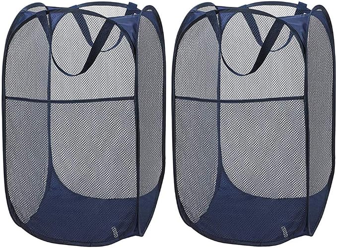 Larpur Popup Mesh Laundry Basket, Collapsible and Portable Clothes Washing Laundry Hamper with Reinforced Carry Handle (Blue*2)