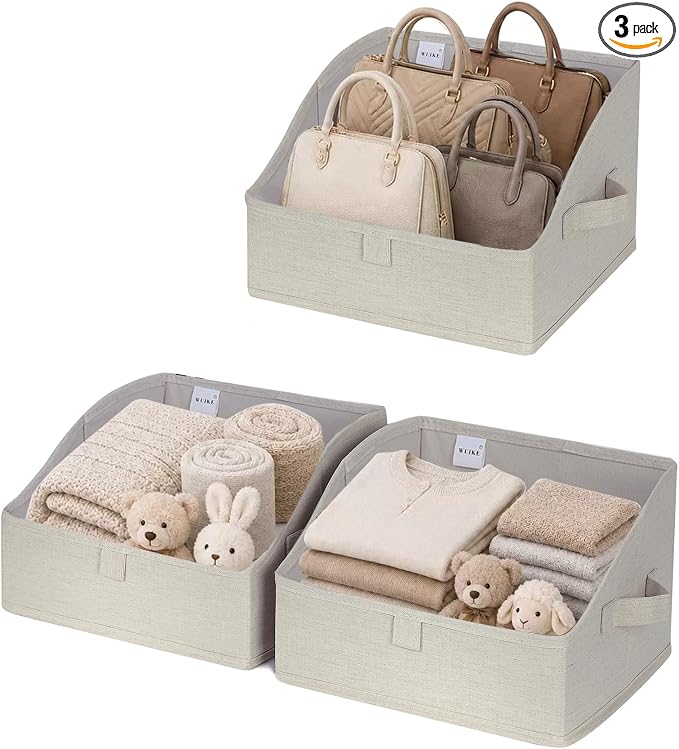WUIKE, Closet Shelf Organizer, Purse Storage, 3-Pack, Large, Linen Beige | Trapezoid Organizing Bins, Fabric Storage Baskets with Handles, Foldable Storage Bins for Clothes and Blankets