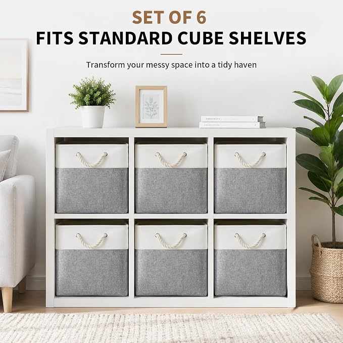 13×15×13 Inch Storage Cubes,6 Pack Cube Storage Bins for Shelves,Fabric Collapsible Storage Bins with Handles, Foldable Storage Basket for Organizing Clothes,Books (White&Gray,13"x15"x13")