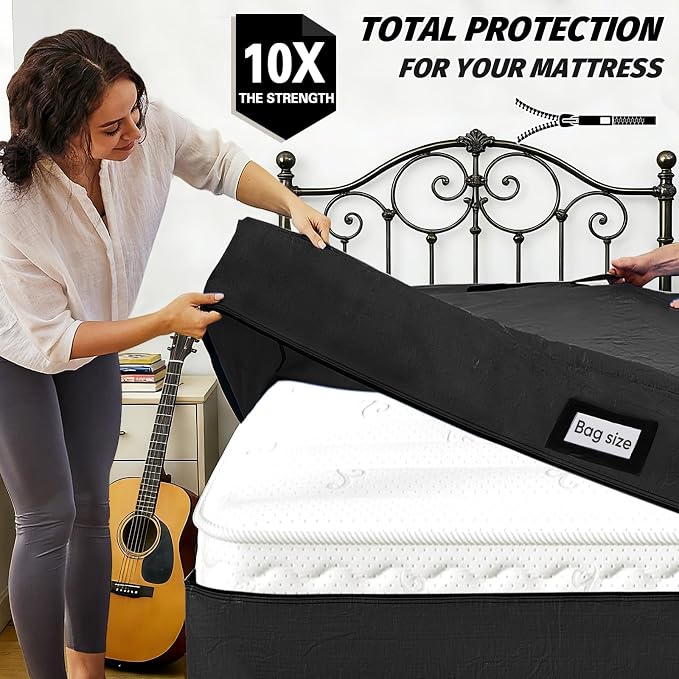 Mattress Bags for Moving and Storage, BETU Twin Mattress Protector Waterproof Mattress Cover with 8 Heavy Duty Handles and Zipper Extra Thick Moving Supplies for Dorm Bed (2 Pack:77x42x13.5 Black)