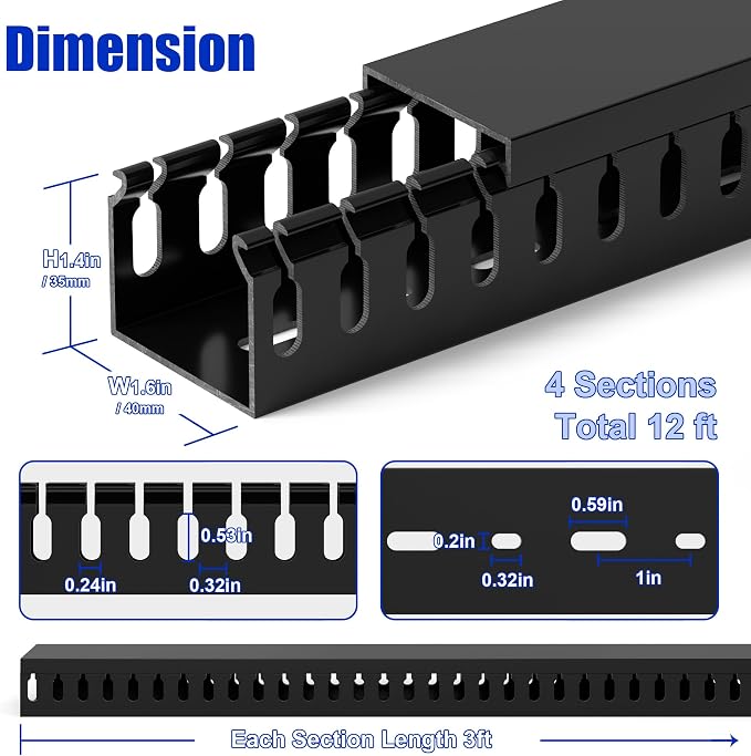 ZhiYo H1.4 x W1.6in Server Rack Cable Management Raceway, 12ft (4xL3ft) Cable Duct Kit, Electrically Safe PVC for Network Wire Management, Open Slot Cord Hider for Computer Under Desk, Black