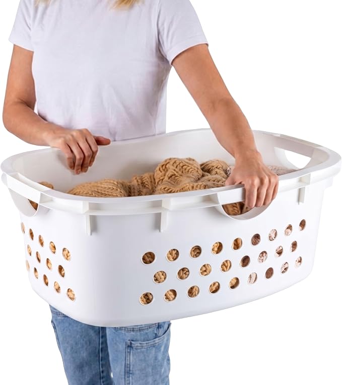 IRIS USA 51L Plastic Hip Hold Laundry Basket with Built-In Comfort Carry Handles, 4- Pack, 1.5 Bushel, Clothes Hamper, Laundry Hamper, Ventilation Holes, for Closet Dorm Laundry Room Bedroom, White