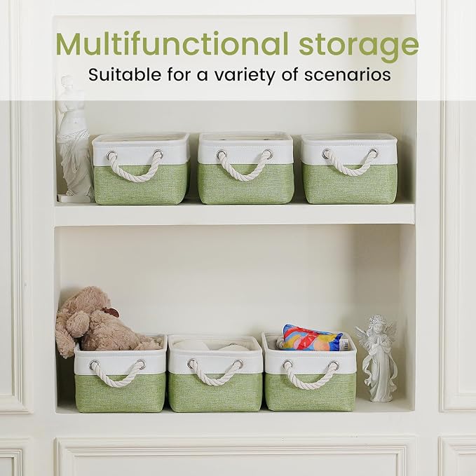 Storage Baskets for Shelves 11.8x7.9x5.2 Inch, Foldable Fabric Storage Bins with Handles, Small Storage Baskets for Organizing Closet, Office, Home Organization (3-Pack, White&Green)