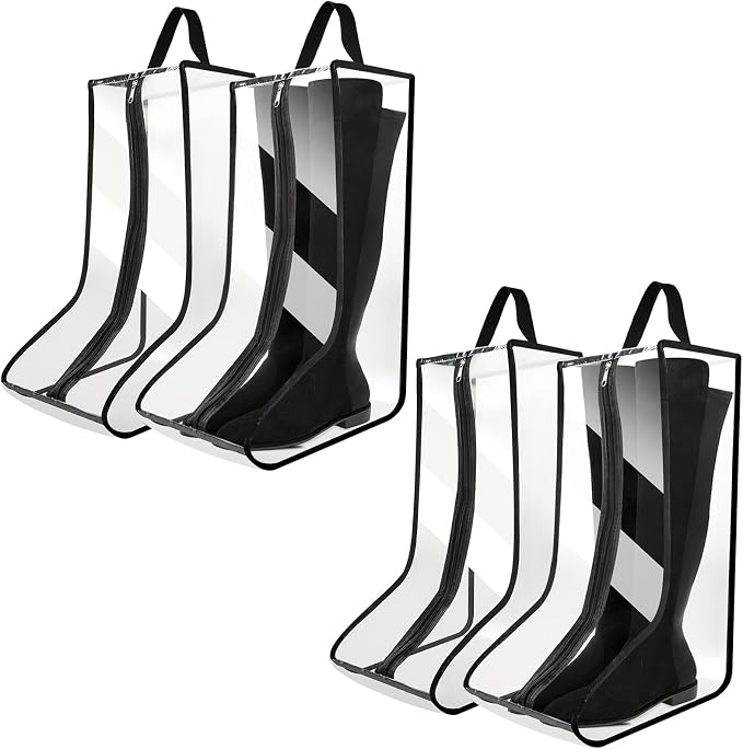 4Pack Boot Bags for Cowboy Boots Portable Tall Boot Storage Organizer Shoe Bags for Travel with Dust Covers (Clear Black)