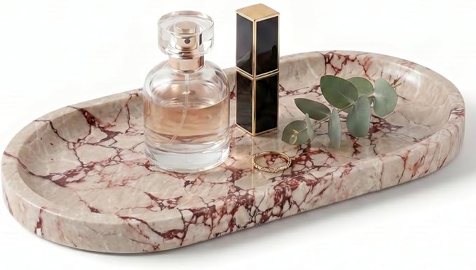 YKAJO Calacatta Viola Pink Oval Marble Tray, 9.8x4.7 Vanity Organizer Dish | Honed natural stone; jewelry & trinket dish, ring & key holder, soap & candle catchall; bath counter, dresser, coffee table