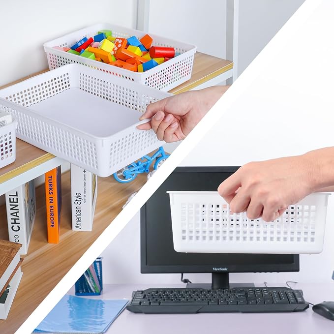 Plastic Storage Trays Baskets/Organizing Baskets, Set of 6 (White) | 13.2 Inches x 9.6 Inches x 3.6 Inches, Perfectly Fits A4 Papers, Documents and Daily Small Supplies