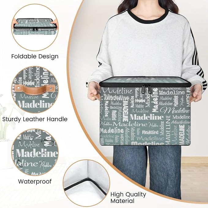 Custom Storage Basket with Name, Personalized Keepsake Box with Zipper Lid, Foldable Fabric Memory Bin Large capacity with Handle Gradient Grey Green