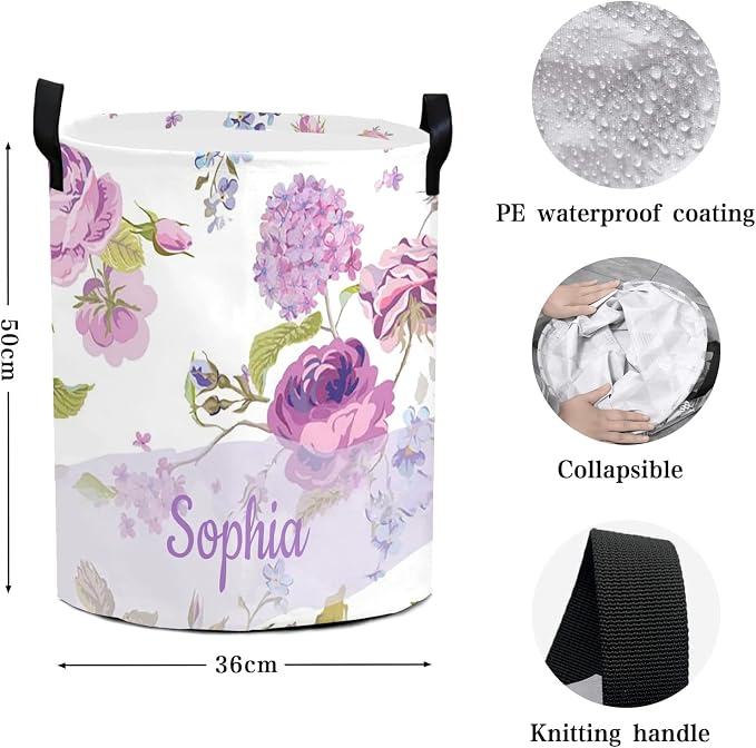 Laundry Basket Purple Floral Custom Name Laundry Bag Hamper Collapsible Oxford Cloth Home Storage Bin with Handles
