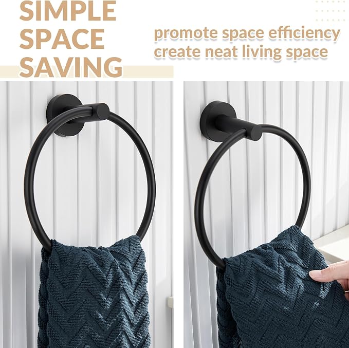APLusee Matte Black Towel Ring Wall Mounted, Hand Towel Holder for Bathroom, Solid Stainless Steel Round Wall Hanger