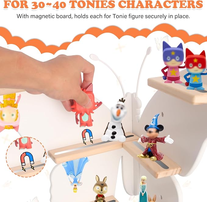 90°Butterfly for Tonies Box 1/2 Tonies Figures Organizer Storage Shelf Corner Wall Mounted, Magnetic Display Collection 30~40 Characters Floating Shelves Storage Player, Earphones