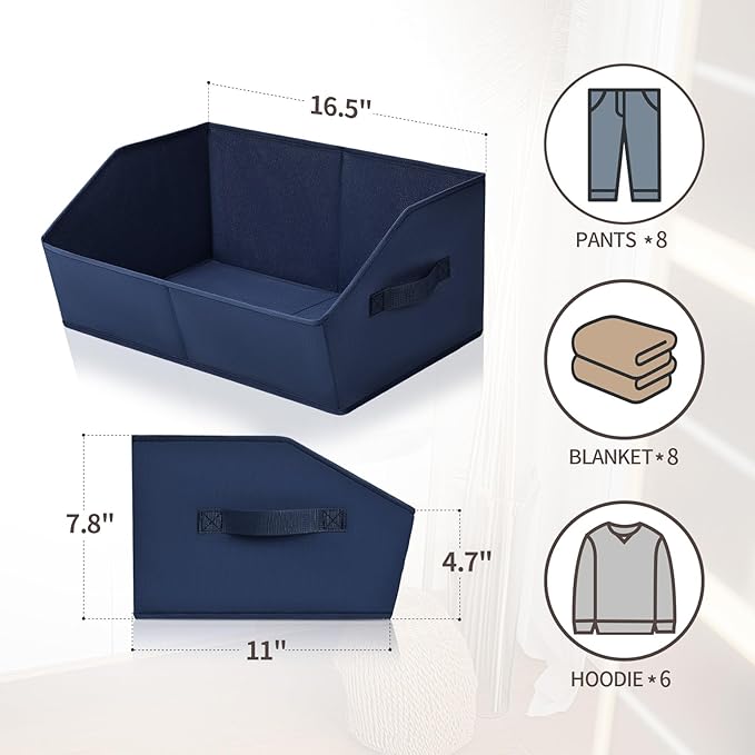 Homsorout Closet Baskets for Shelves Trapezoid - Decorative Storage Baskets with Handle, Closet Bins for Organization, Shelf Storage Bins for Clothes, Books, Home, Office, 8 Pack, Navy Blue