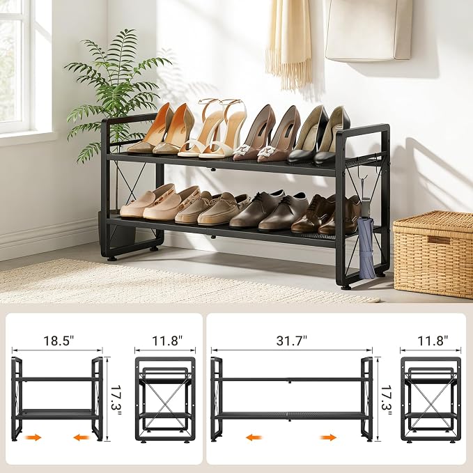 ELYKEN Shoe Rack, 2-Tier Expandable Shoe Organizer for Closet, Metal Black Shoe Shelf with 4 Hooks, Adjustable Shoe Stand Holder for Entryway, Garage, Door Entrance