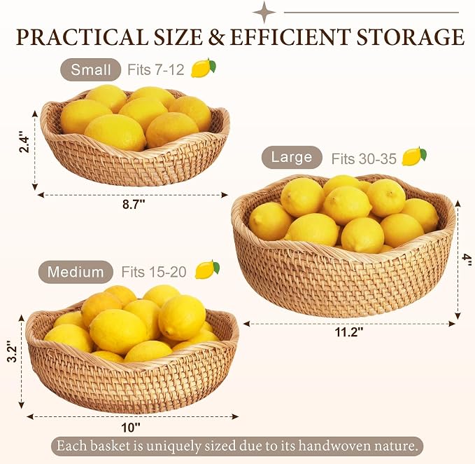 10" Medium Wave Rattan Wicker Bread Basket, Natural Fruit Basket for Kitchen Counter, Hand Woven Food Baskets, Artisanal Bread Baskets for Serving, Fruit, Vegetable, Snack, key, Etc.