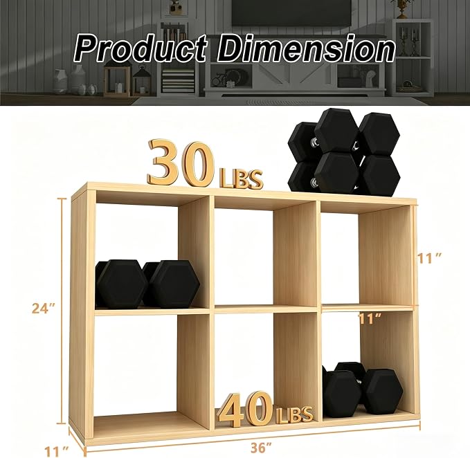 6 Cube Shelf with Anti-Tipping Kits + Reversible Open Back Bookcase, Multi Layer and Multi Grid Partition Layout (Oak 11in)
