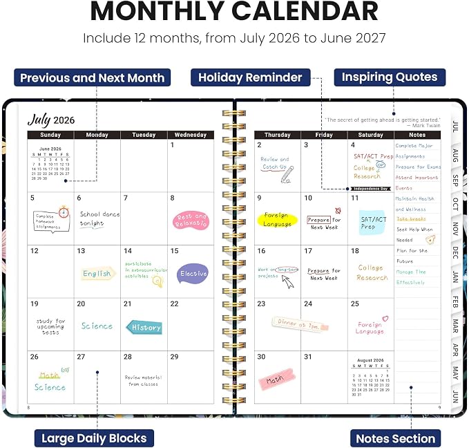 Planner 2026-2027, Hardcover Monthly and Weekly Academic Planner July 2026 - June 2027, Teacher and Student Calendar Agenda Book with Tabs, A4 (8.5" x 11"), Ideal for School and Office, Floral Planner, Celestial