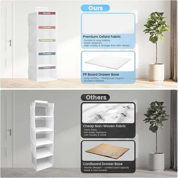 Weekly Clothes Organizer for Kids, 5-Shelf Kid Hanging Closet Organizer w/ 6 Side Pockets, Labeled Weekly Outfit Organizer for Kids, Days of The Week Clothes Organizer Monday Through Friday White