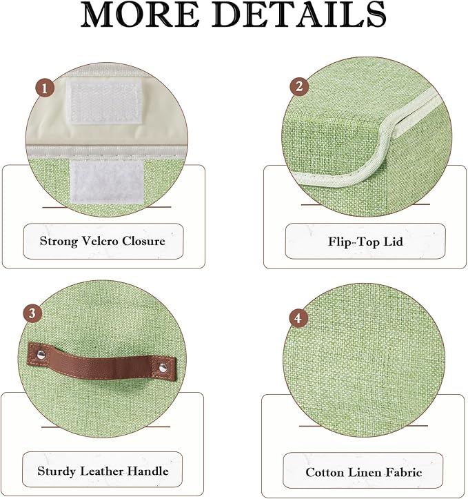 2PCS Collapsible Storage Boxes Baskets with Lid Cotton Linen Fabric Storage Bins with Faux Leather Handles Washable Cube Organizer Container for Home Closet Bedroom (Green, Small Size)
