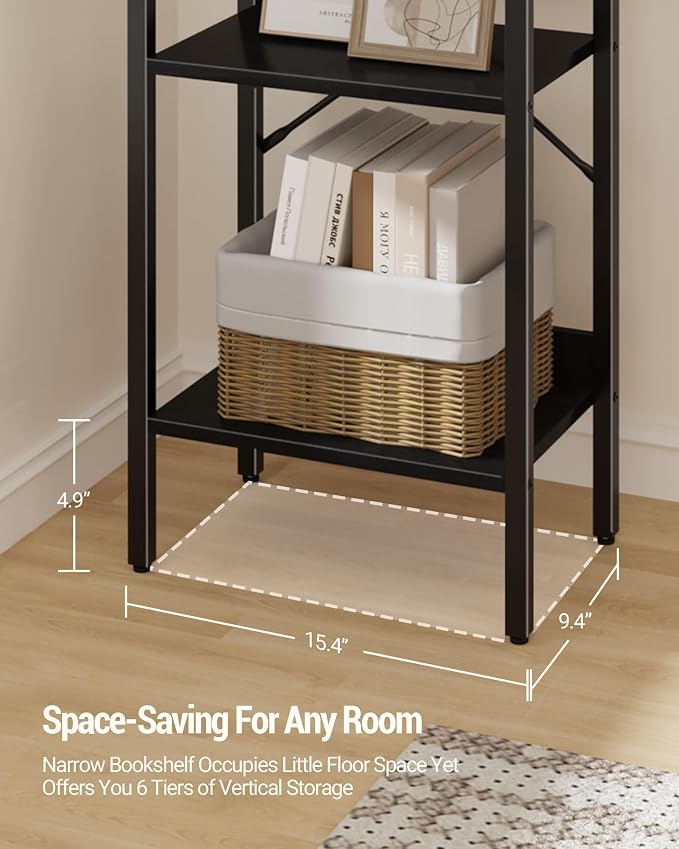 Hzuaneri Bookshelf, Book Shelf, Industrial Bookcase with 2 Hooks, Coner Shelf Storage Organizer for Home Office, Living Room, Bedroom, Kitchen, 6-Tier Black BC10704B