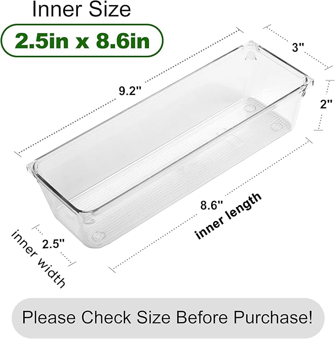 LotFancy 8 Pack Clear Plastic Drawer Organizers, 9.2''×3''×2'', Food Grade Storage Trays, Non-Slip Storage Bins for Kitchen Utensil, Silverware Cutlery, Bathroom, Office Desk, Makeup, Jewelry