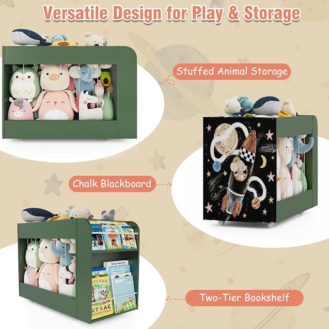 Wooden Kids Bookshelf and Toy Storage Organizer with Side Drawing Chalkboard, 3-in-1 Mobile Stuffed Animal Storage Zoo, Rolling Toy Box Container on 4 Wheels for Kids Room Playroom Nursery, Green