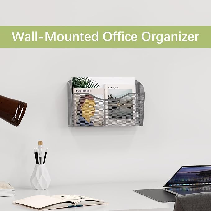 EasyPAG Wall File Organizer, Metal Mesh Hanging File Folder Holder for Letter/A4 Size Folders, Vertical Wall Mount Mail Sorter for Office Paperwork, Classroom, Silver
