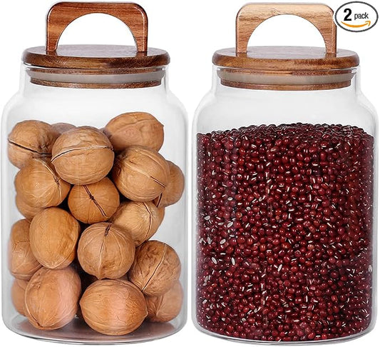 SAIOOL Canister Set of 2, Glass Kitchen Canisters with Airtight Acacia Lid, Tall Clear Airtight Food Storage Jar, Kitchen Pantry Storage Container for Noodles Flour Cereal Coffee