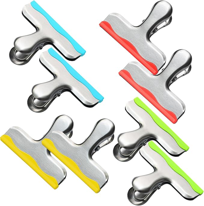 YARALL 8 Pack Metal Chip Clips with Silicone Edges – Heavy Duty Bag Clips for Food Packages, Kitchen, Office – Color Coded, Air Tight Extra Strong Clamps, 3 Inches Wide