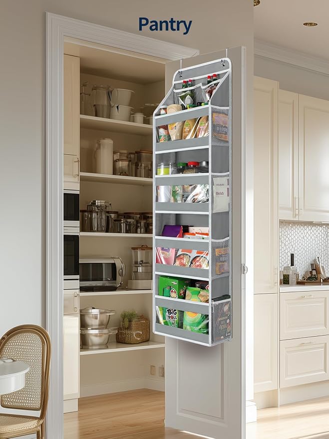 Yecaye 5 Tier Over the Door Organizer, Swing-proof Door Organizer Hanging with Clear PVC Windows, Behind the Door Storage for Bedroom Nursery Closet Laundry Pantry Bathroom, Grey