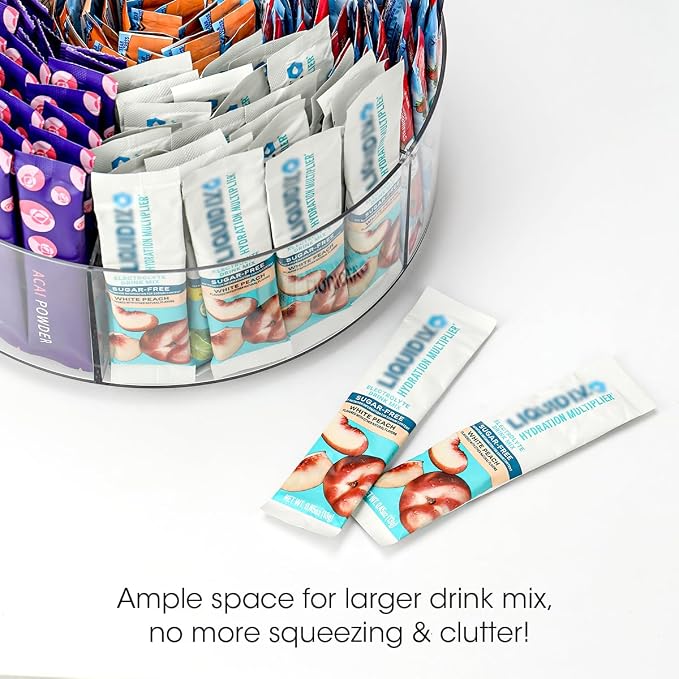 AIEVE Extra Large Drink Packet Organizer, 360° Lazy Susan Rotating Turntable for Larger Powder Drink Mix, Hydration Packets Acrylic Pantry Organizers for Kitchen Storage Organization