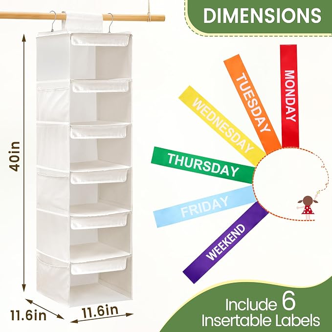 6-Shelf Weekly Clothes Organizer for Kids, Hanging Daily Closet Organization with 6 Side Pockets, Days of The Week Clothing Divider Storage for Boys and Girls (White)