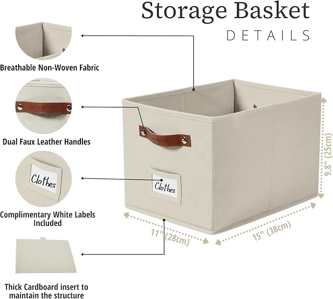 DECOMOMO Storage Bins, Large Fabric Baskets for Shelves, Beige (4 Pack) | 15" x 11" x 9.9" foldable closet organizers and storage bins with labels & handles