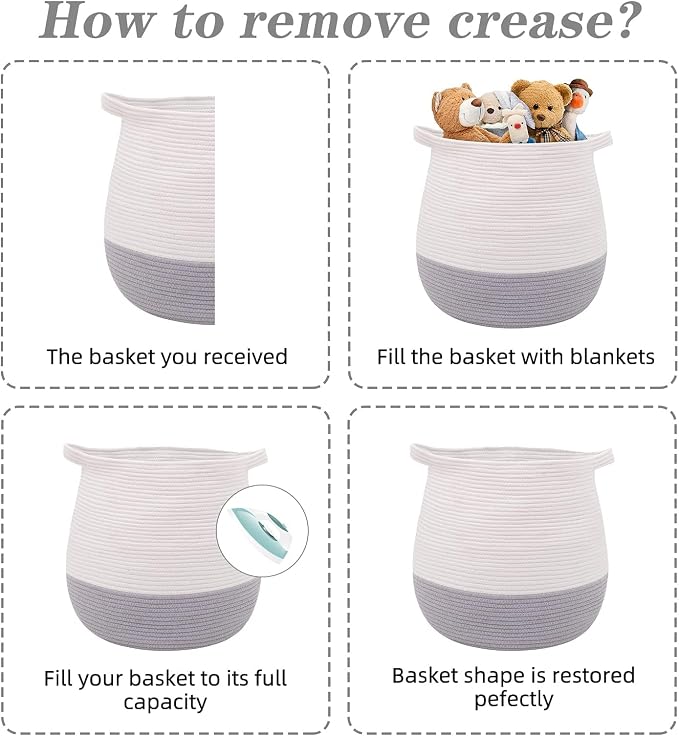 Large Cotton Rope Basket, Woven Storage Basket for Toy, Laundry and Blanket Organizer Basket, Round Hamper Basket with Handles for Kid's Room 17.7"x16.9"