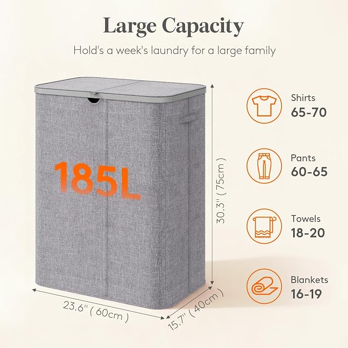 Lifewit 185L 3 Section Laundry Hamper with Lid, Large Laundry Basket with Handles and Removable Bags, Tall Clothes Hamper, Foldable Laundry Sorter for Bedroom Bathroom, Light Gray