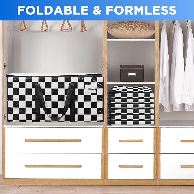 BETU 8 Pack Moving Bags Moving Storage College Dorm Camping Packing Travel PE Heavy Duty, Sturdy Handle, Zipper Large Storage Tote Bag Moving Boxes Box Alternative - White Plaid 29L x 15W x 15H