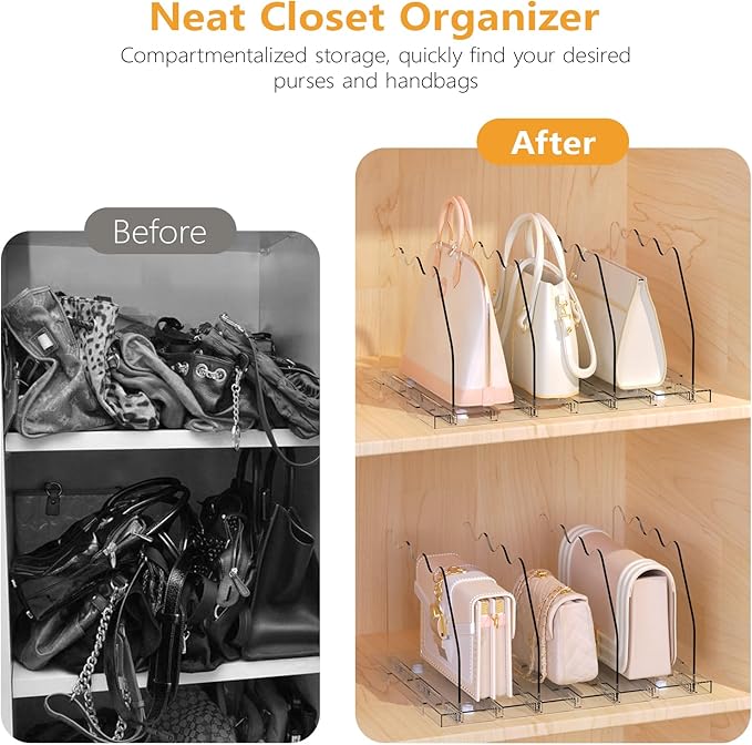 Ronlap Purse Storage Organizer for Closet Clear Shelf Dividers Rack, 2 Pack | Clear separators keep handbags, totes, clutches & purses upright & visible on shelves for closet storage and organization