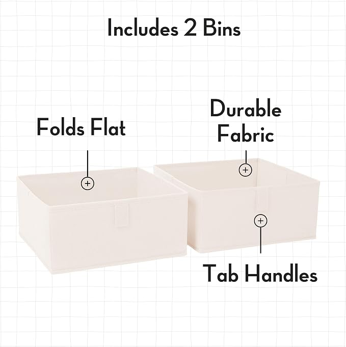 RiverRidge Kids 2pc Folding Storage Bins Set - 10.5” Bin Organizers with Handles - Cream Closet Organizers & Storage for Toys, Games, Shoes - Foldable Cube Storage Organizer Bins for Playroom, Nursery