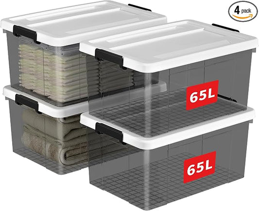 Cetomo Lidded Storage Bin with Handle, Tote Organizing Container with Wheels, Lid and Secure Latching Buckles, Stackable and Nestable, Plastic, 72 Quart-4 Pack, Clear Black