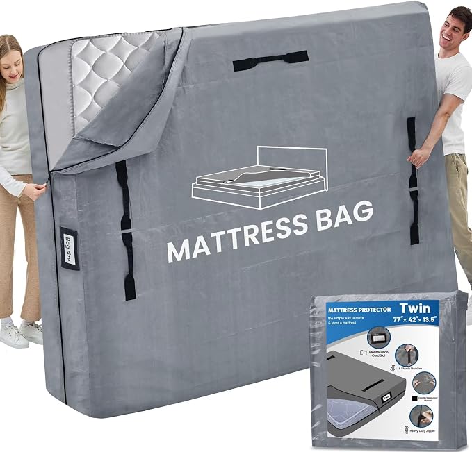 Mattress Bags for Moving and Storage, BETU Twin Mattress Protector Waterproof Mattress Cover with 8 Heavy Duty Handles and Zipper Extra Thick Moving Supplies for Dorm Bed Reusable (77x42x13.5 Grey)