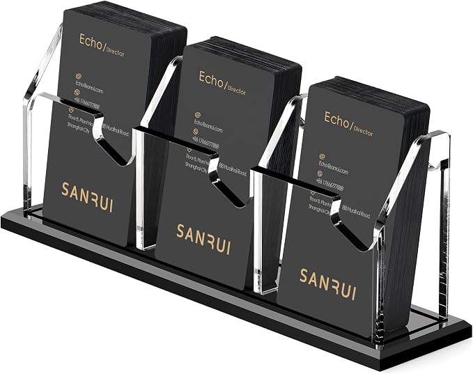 SANRUI Black Vertical Business Card Holder for Desk 3 Slot 1 Tier, Clear Acrylic Name Card Stand for Women and Men, Desktop Organizer Display for Office Home Exhibition - 180 Card Capacity 1 Pack