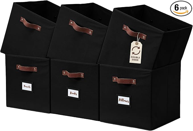 DECOMOMO Storage Bins, Cube Storage Bin with Labels | 10.5" x 11" Fabric Storage Cubes for Shelves (6pcs, Black)