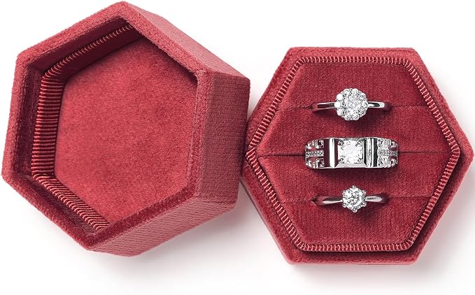 WantGor Velvet Jewelry Ring Box, 3 Slots Hexagon Ring Gift Box Ring Holder | Vintage Ring Display Case for Wedding Ceremony Proposal Engagement (Burgundy, 3 Slots)