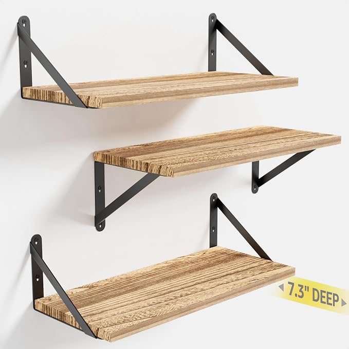 COCOYA Wall Shelves 7.3" Deep Solid Paulownia Wood (Light Brown, Set of 3) | 15mm Thick, Wider & Longer & Stronger, Easy to Install, Floating Bookshelves, For Bathroom Bedroom, Office Storage Organizer