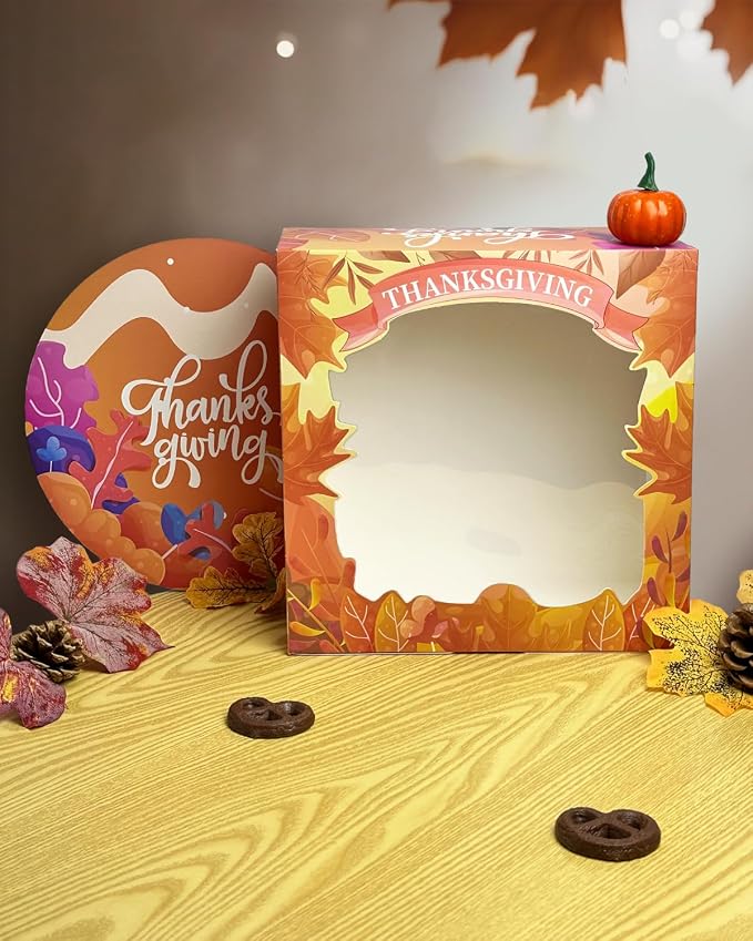 qiqee Thanksgiving 4pcs 10x10x5 inches Cake Boxes with Window 4Packs, 10 Inch Bakery Boxes Orange Maple Leaf Thanksgiving (4 cake boxes +4 Cake Boards Included)