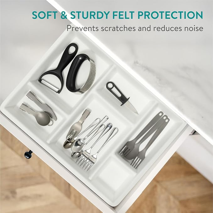 Navaris Felt Drawer Organizer - Compact Trays - Utensil Organizers for Silverware Stationary Makeup - Kitchen Cutlery Bathroom Desk Organization Tray - 15.9x12 (40.5x30.5cm) White