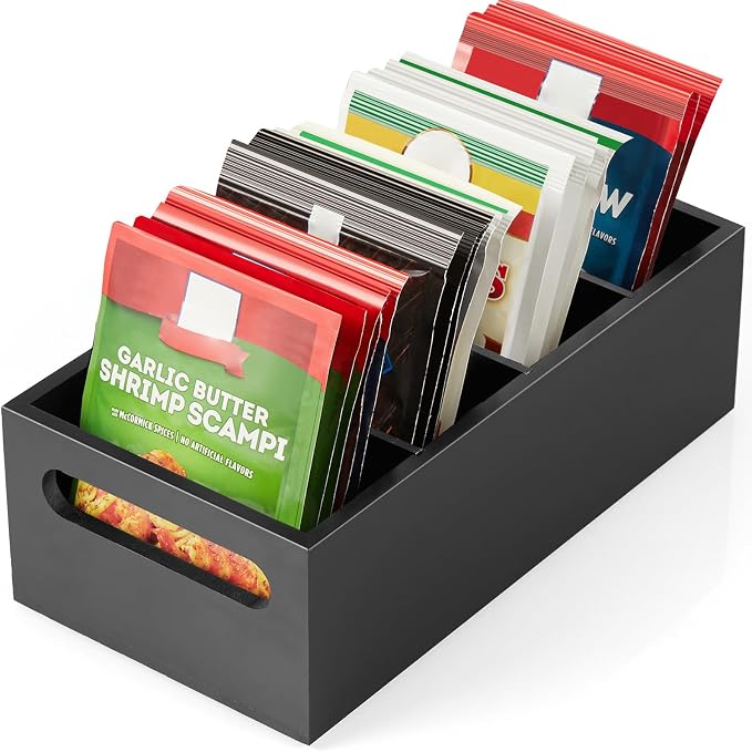 DRASTAR Pantry Organization and Storage Bins, Seasoning Packet Organizer with Removable Dividers,Wooden Storage Caddy for Kitchen, Pantry, Cabinet, Countertop, Black