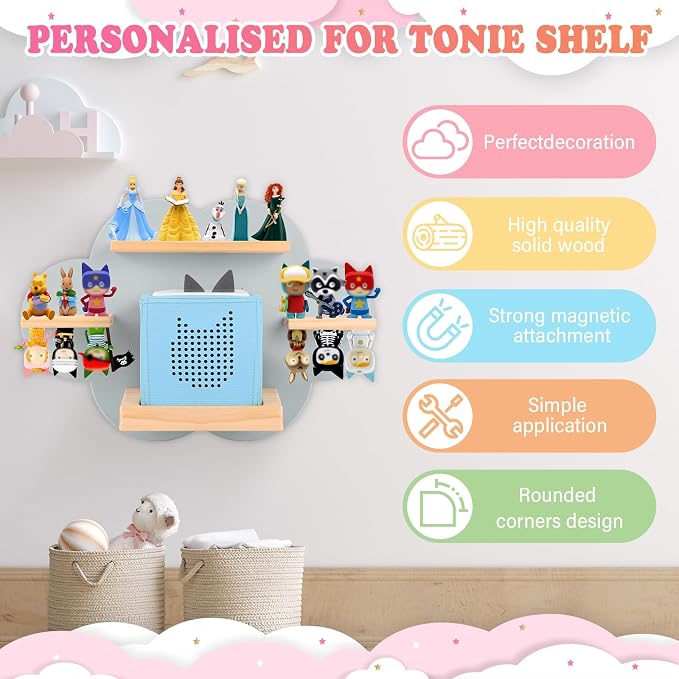 Clouds for Toniebox 1/2 Tonies Figures Organizer Storage Shelf Wall Mounted, Magnetic Floating Shelves for Toniebox Player Display Collection 20~30 Characters (Gray)