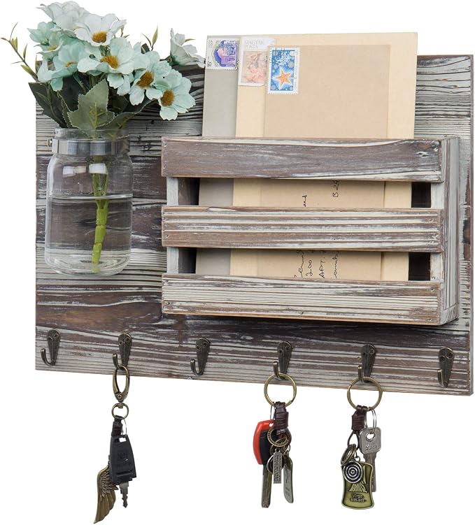 MyGift 6 Hook Wall Mounted Entryway Key Hanger and Mail Holder Basket, Rustic Torched Wood Hanging Home Organizer Rack with Decorative Mason Jar Flower Vase