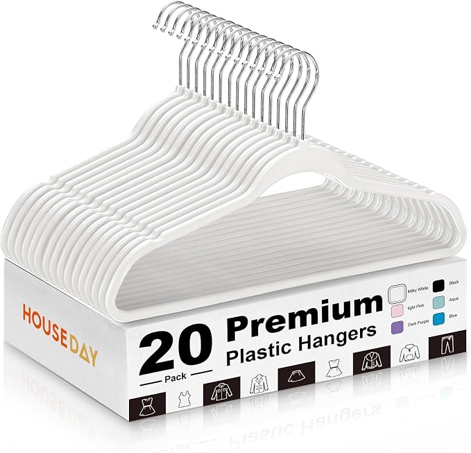 HOUSE DAY Ivory Plastic Hangers 20 Pack - Ultra-Thin Heavy Duty Non-Velvet | Hangers with 360° Swivel Hook & Non Slip Notches - Slim Space Saving Clothes Hangers Ideal for Dresses Coats Shirts Jackets