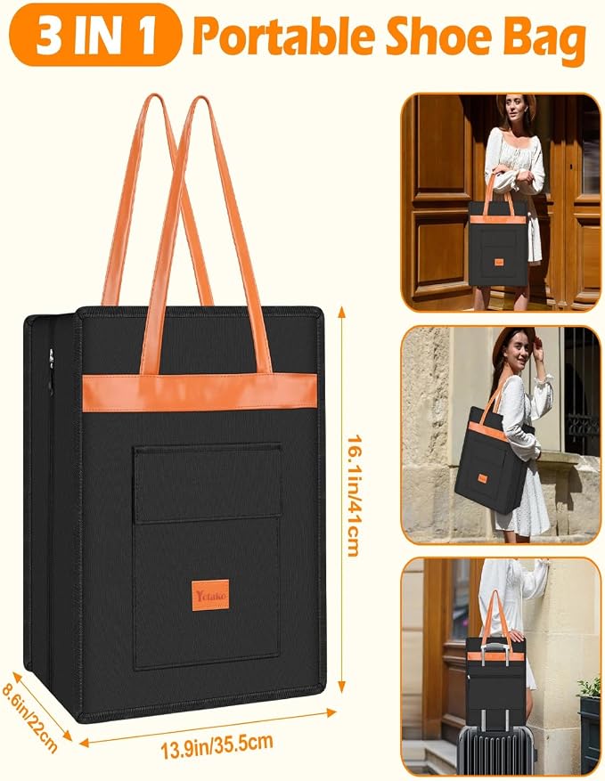 Yotako Shoe Bag for Travel with Leathers Handle,Portable Shoe Organizer with Pockets,3 in 1 Hanging Luggage Shoe Storage Bag,Travel Shoe Bag for Women Men Fit 6 PCS Shoes,Black