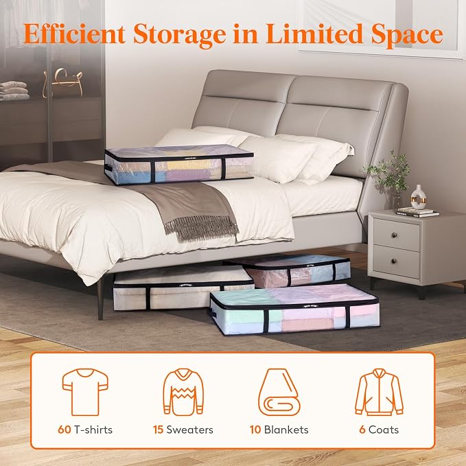 Lifewit 60L 2 Pack Under Bed Storage Containers Bins, Plastic Clothes Storage Bags Blanket Storage with Handle, Closet Organization for Comforters, Sheets, Clothes, Bedroom